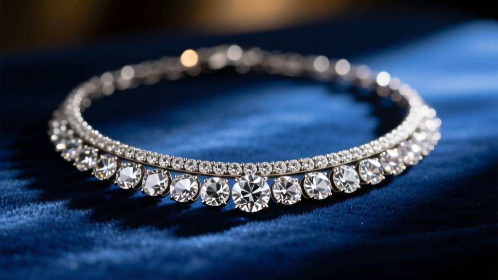 Cinematic close-up of an antique diamond rivière necklace resting on dark blue velvet, illuminated by a single warm spotlight