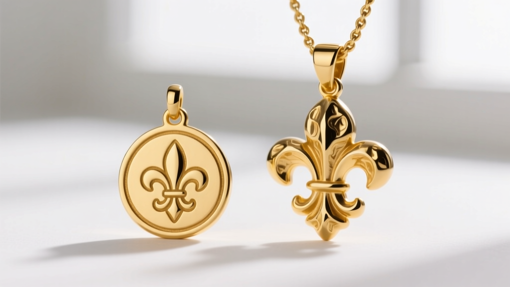 Macro shot comparing a flat stamped gold-plated fleur de lis charm beside a detailed three-dimensional solid 14k gold cast pendant