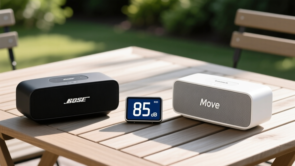 Bose SoundLink Max and Sonos Move 2 side-by-side on a wooden patio table with a digital decibel meter reading 85dB between them