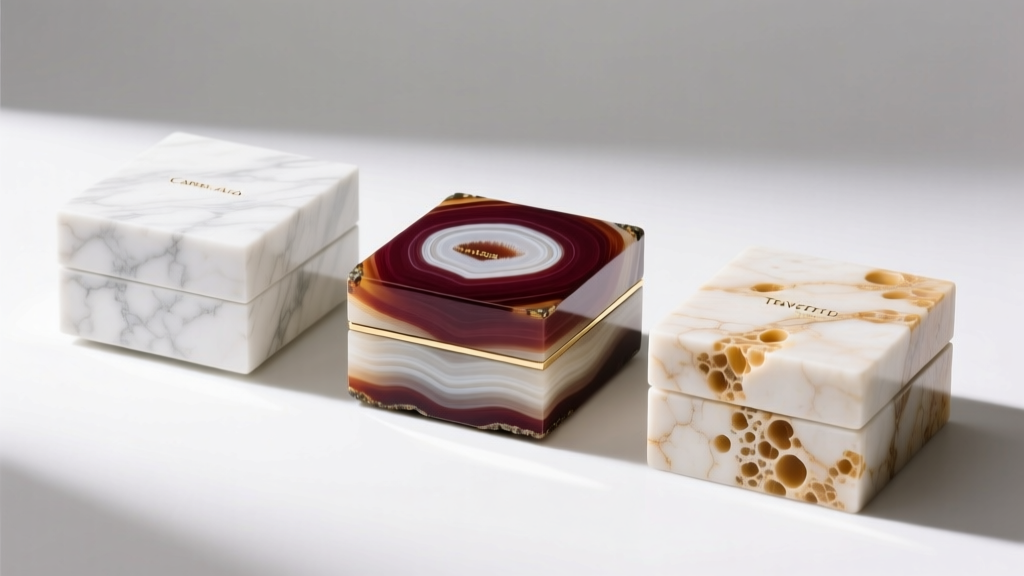 White Carrara marble, banded agate, and travertine jewelry boxes side by side, photographed under bright, diffused studio lighting.