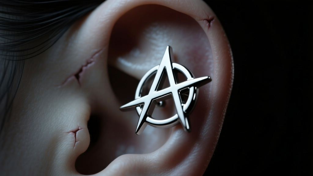 Close-up of a polished steel anarchy symbol stud earring on a healed earlobe, moody punk lighting against a dark background.