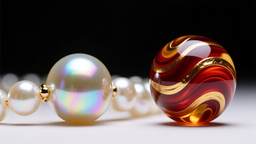Macro shot of a glass pearl necklace revealing iridescent coating next to a Murano bead, under high contrast studio lighting
