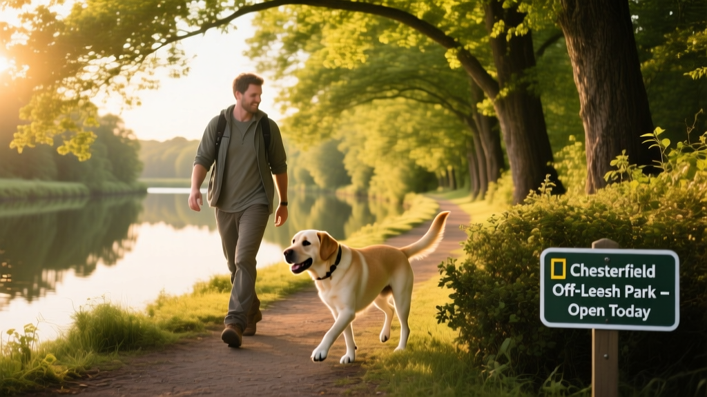 Dog owner walking along a tree-lined trail beside a calm river, with their dog happily exploring off-leash nearby