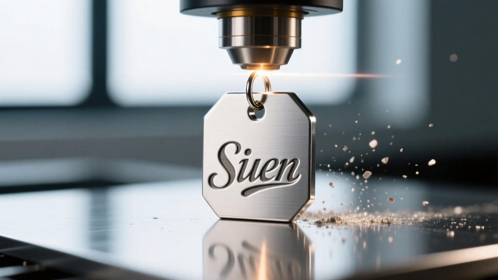 Macro shot of fiber laser engraving a 316L steel dangle earring tag, revealing precise 0.1mm deep grooves of a custom serif font.
