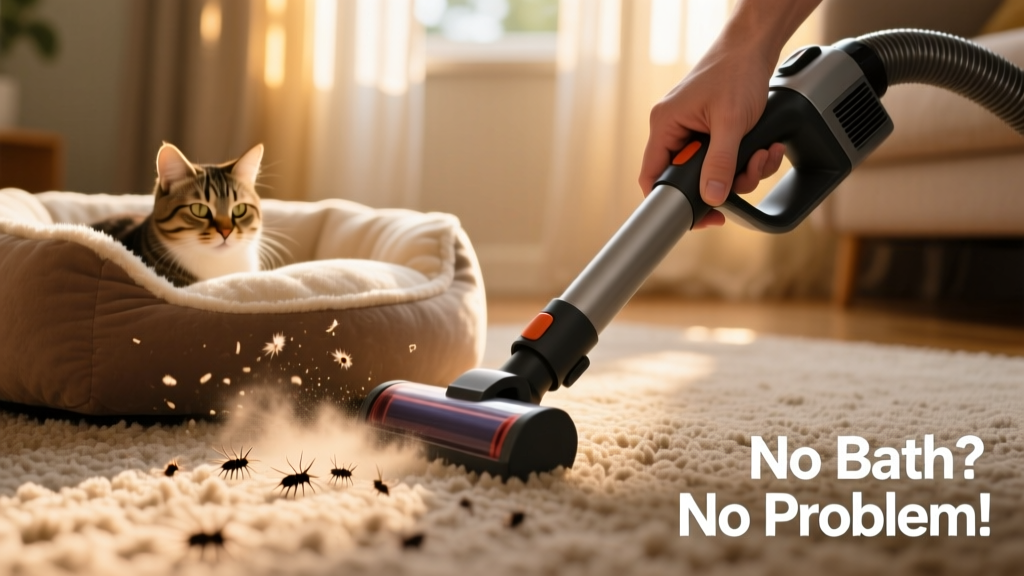 Hand holding a vacuum cleaner nozzle over a plush cat bed and carpeted floor