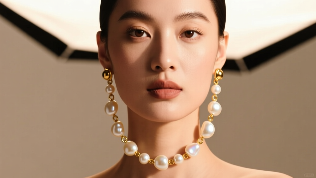 Model wearing 14k gold pearl chain earrings with baroque freshwater pearls cascading down jawline in soft directional studio light