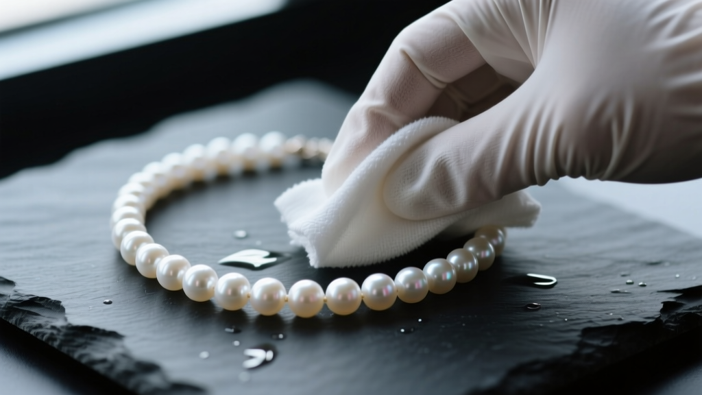 Hands gently wiping a white South Sea pearl necklace with a damp microfiber cloth on a dark slate surface, close-up macro shot
