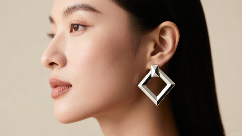 Side profile of a woman with a round face wearing medium geometric Tory Burch hoop earrings that visually elongate her jawline