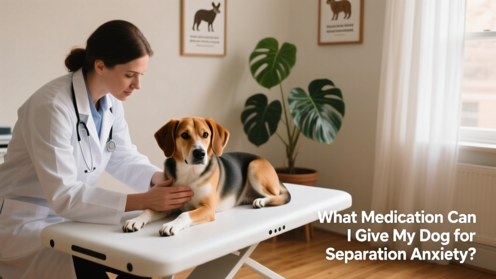 A veterinarian gently examining a dog during a calm, supportive consultation in a quiet exam room