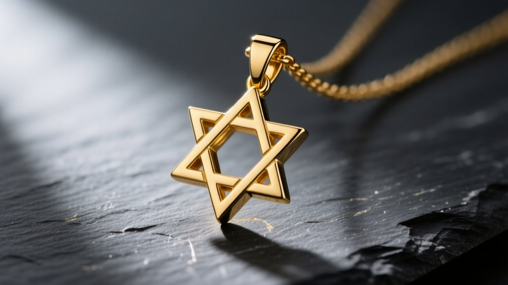 Close-up of a polished 14k yellow gold Star of David pendant on dark slate, softly lit to highlight the interlocking geometry.