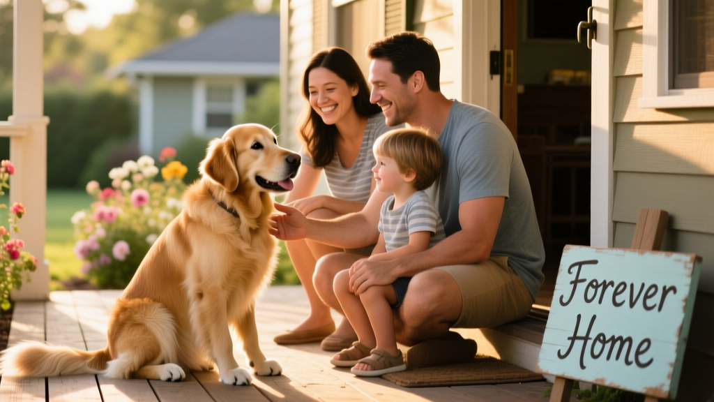 A joyful family meeting a friendly, well-socialized dog during a foster home adoption visit
