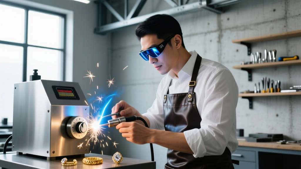 A jeweler wearing tinted safety glasses and a leather apron, adjusting the pulse dial on a silver permanent jewelry welder machine.