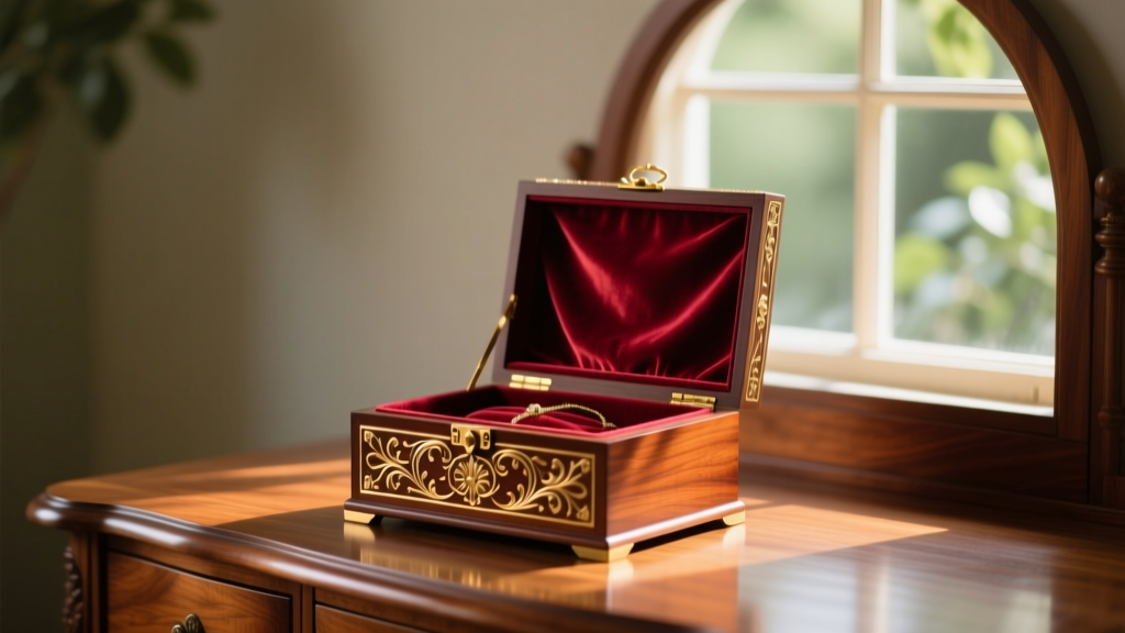 Victorian mahogany vintage jewelry box with brass inlay and velvet interior resting on an oak vanity table in soft morning light