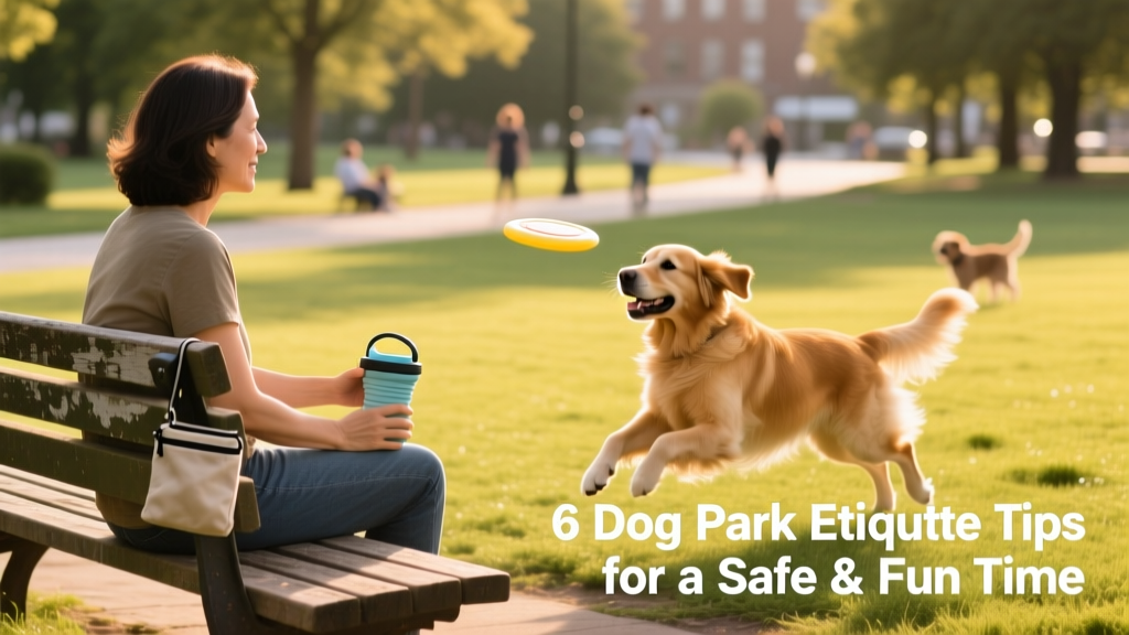 A dog owner sitting on a bench near the park perimeter, attentively watching their dog play while holding a water bowl and treat pouch