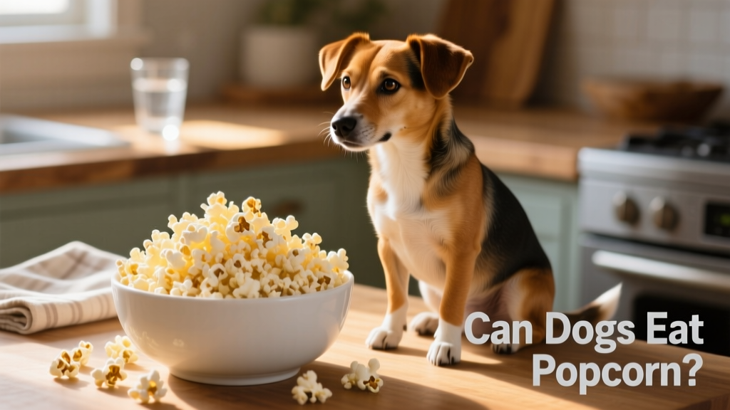 A golden-brown pile of plain, air-popped popcorn in a white bowl next to a curious dog sitting calmly nearby
