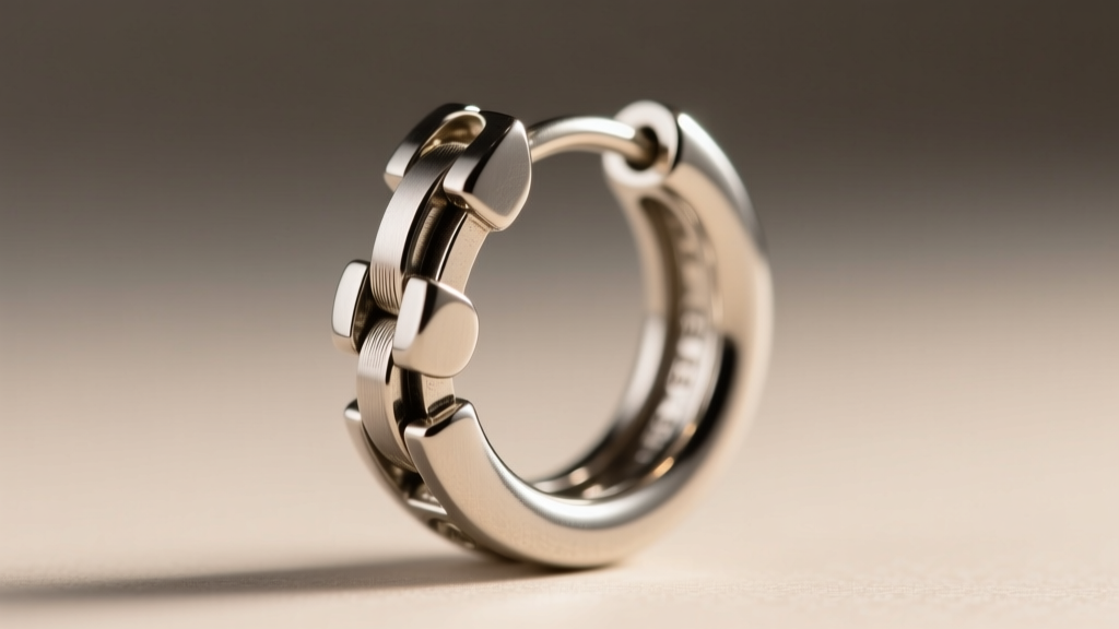 Macro shot of a steel huggie hoop earring hinge mechanism, showing the interlocking clasp against a softly blurred gray backdrop.