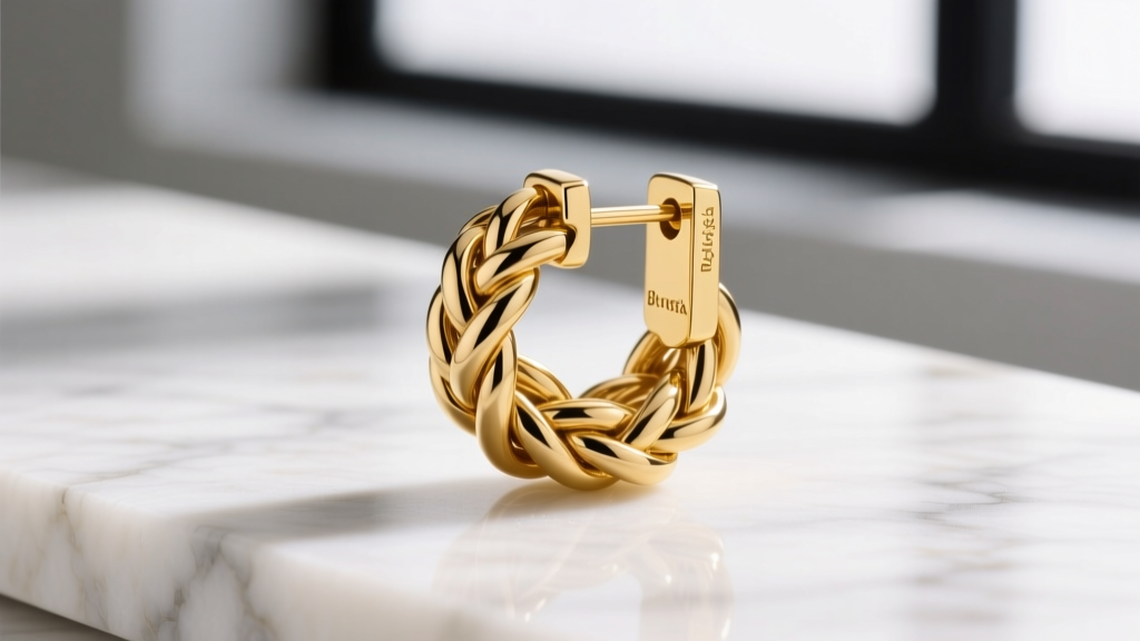 Macro shot of a solid 18k yellow gold Bottega knot earring on white marble, showing woven metal texture and subtle brand hallmarks