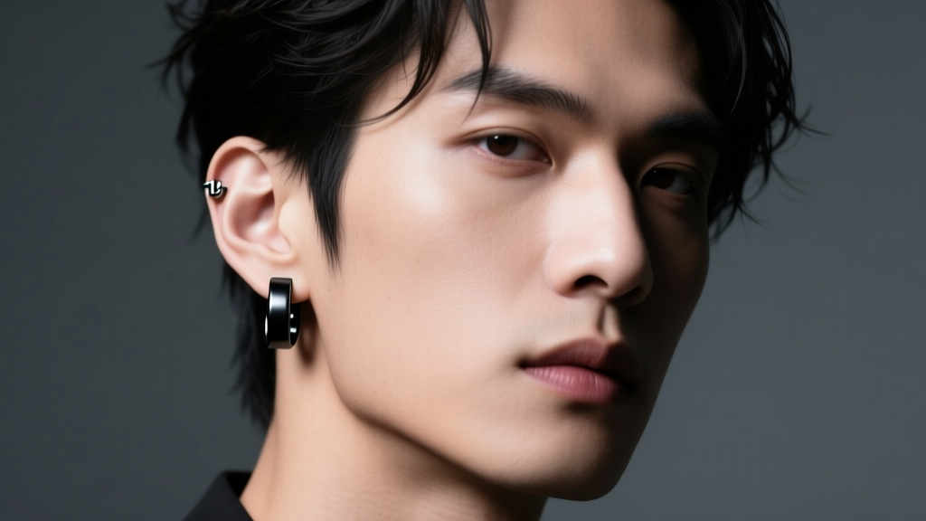 Editorial portrait of a stylish man wearing a single 14-gauge matte black titanium dangle earring, moody studio lighting