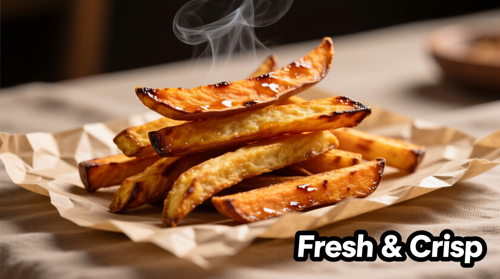 Freshly cooked sweet potato fries on parchment paper