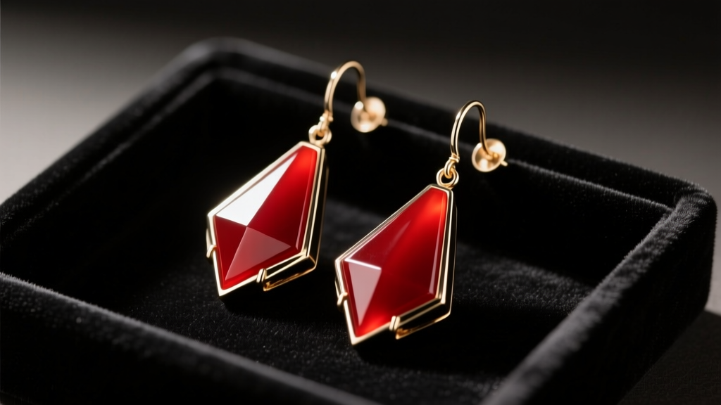 Authentic 1930s Art Deco cherry red Bakelite drop earrings resting on dark velvet jeweler tray under warm, moody studio lighting.