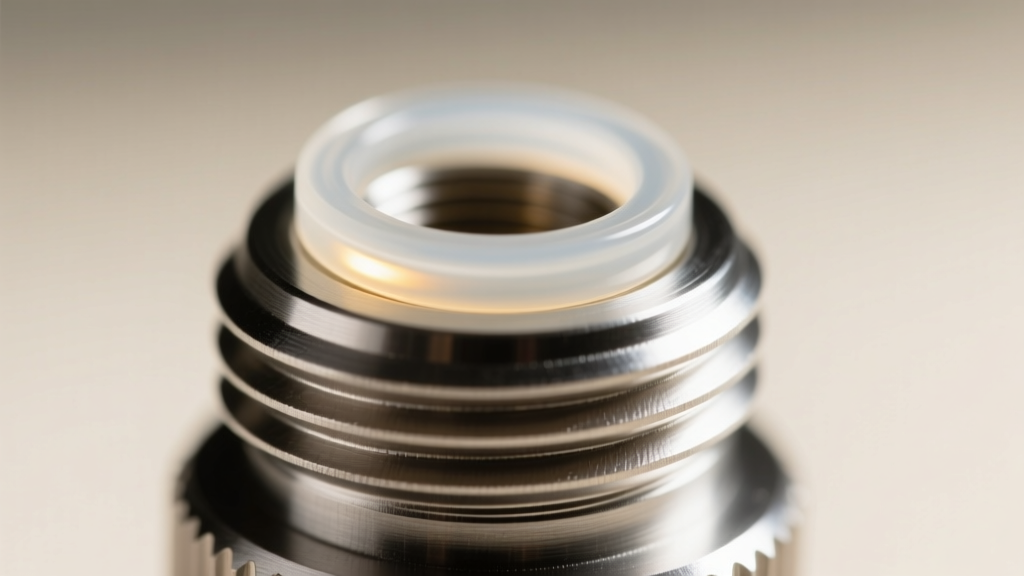 Macro photography of a threaded holy water vial cap showing a translucent silicone O-ring seal and precision machined steel threads