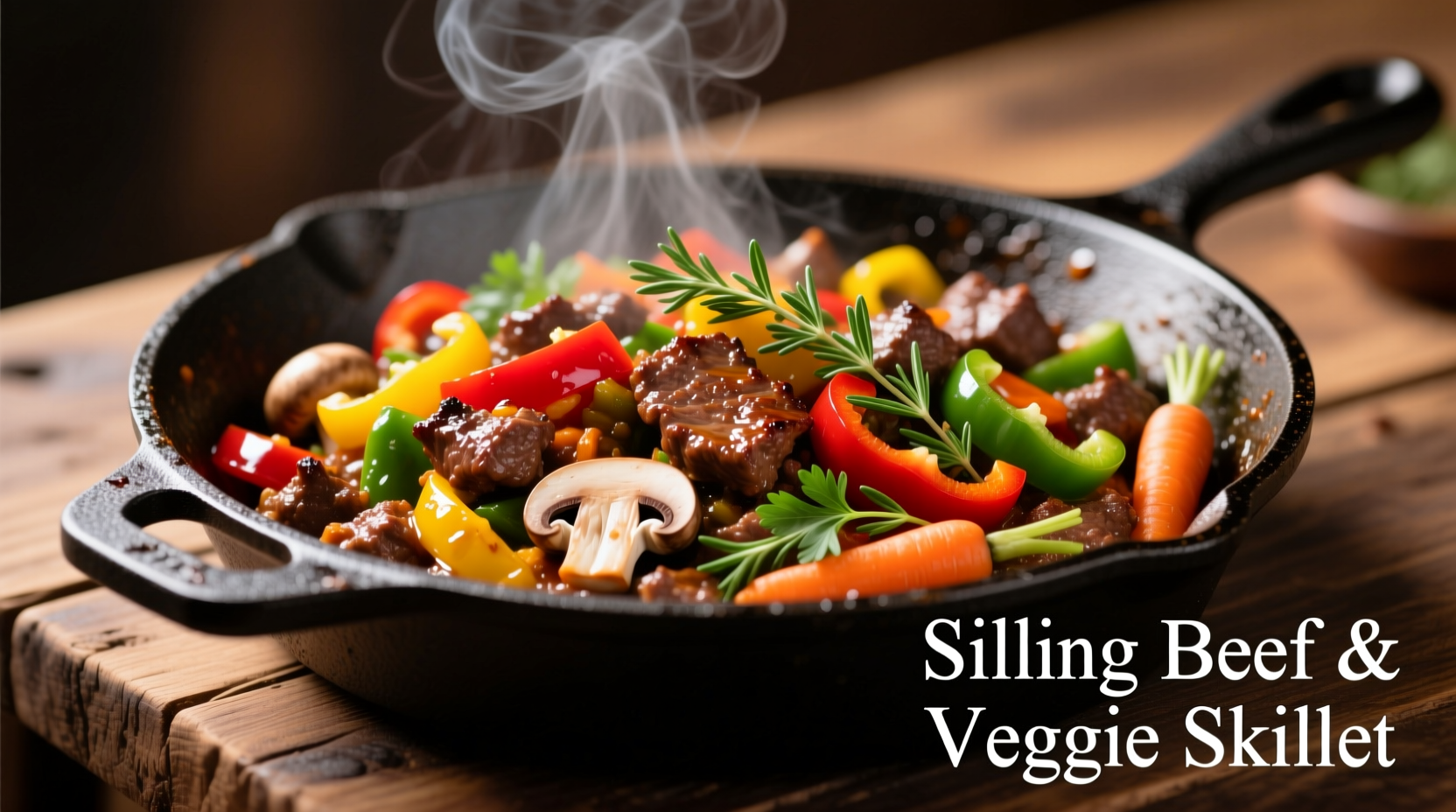Colorful ground beef skillet with vegetables and herbs