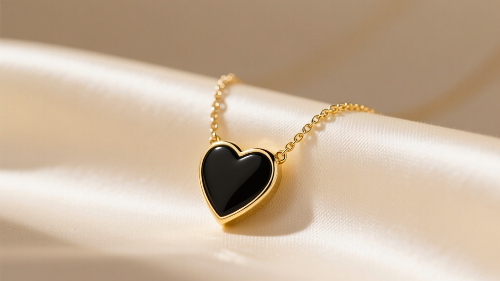 Close-up of a gold-tone Kate Spade One in a Million necklace with a black enamel heart pendant resting on a soft cream silk fabric.