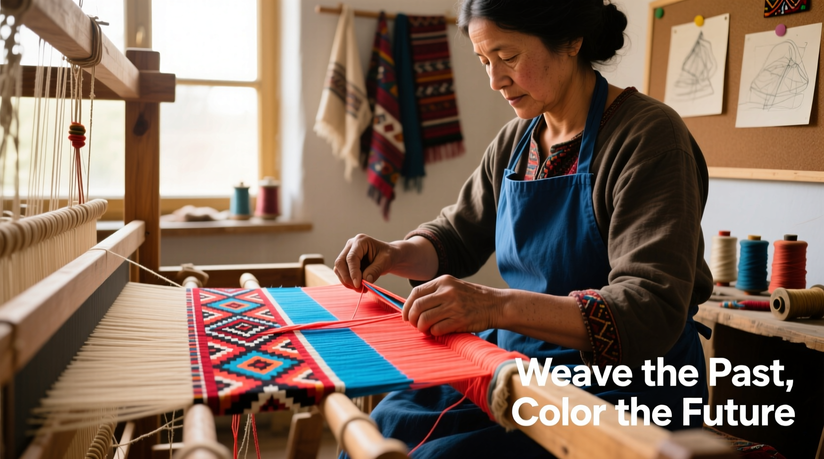 Textile artist weaving traditional patterns with modern colors