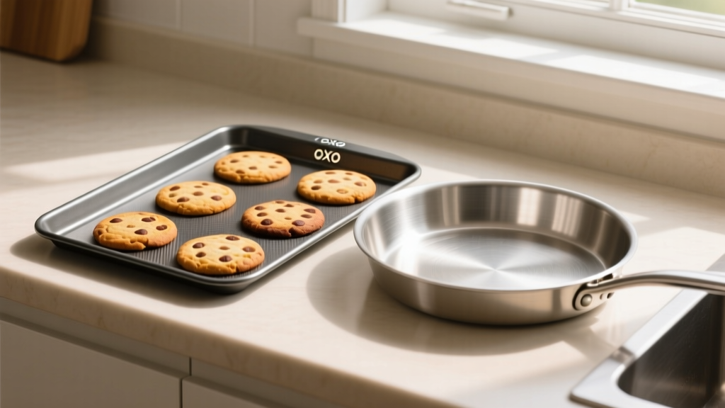 OXO carbon steel non-stick baking sheet next to an aluminum pan showing cookie browning differences on a kitchen counter