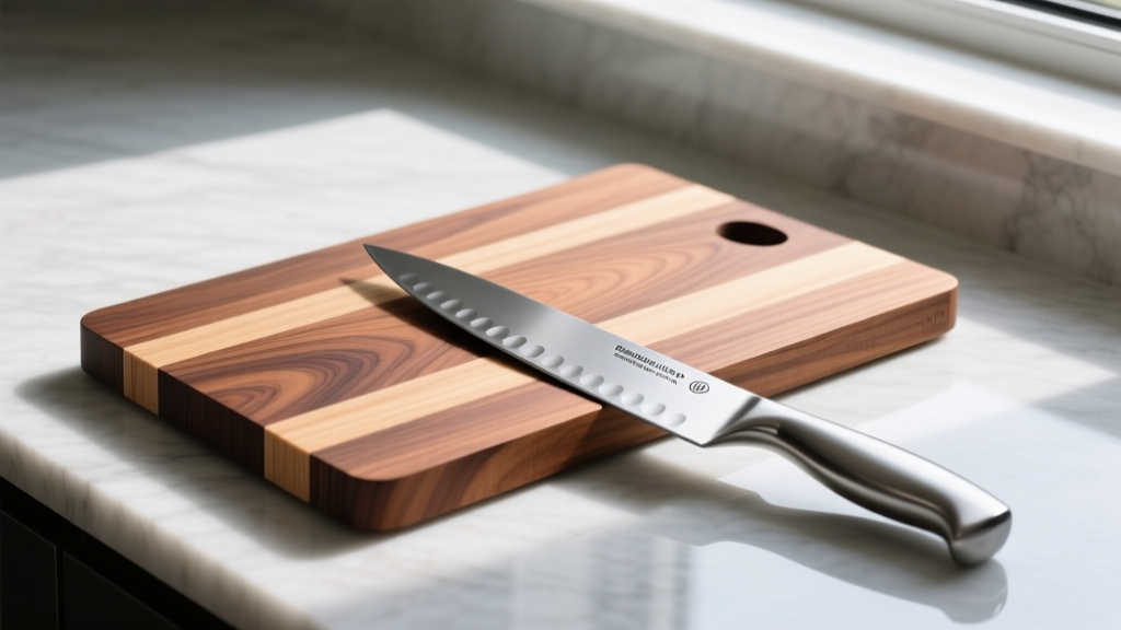 Cross-section of 0.25-inch thick Richlite composite cutting board resting on small quartz countertop next to stainless steel chef knife