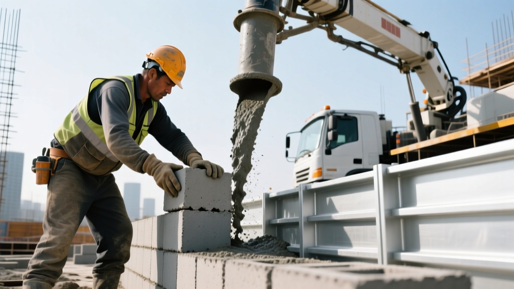 Construction site showing a mason laying gray CMU blocks next to a pump truck pouring wet concrete into aluminum forms