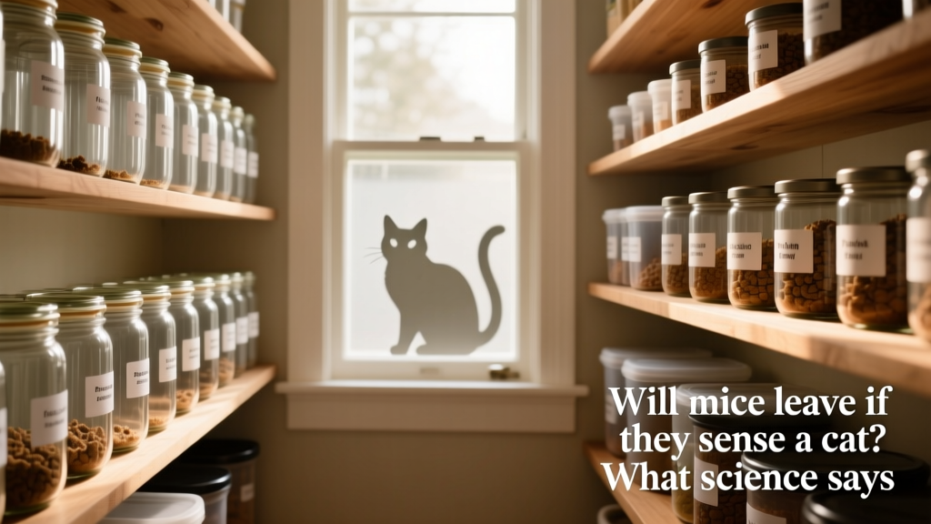 A clean, organized pantry with sealed glass jars, labeled pet food containers, and no visible crumbs or spills—showing ideal mouse-deterrent home setup