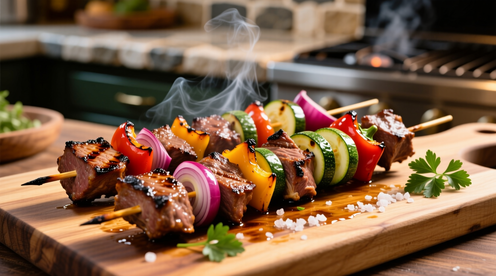 Perfectly grilled goat meat skewers with vegetables