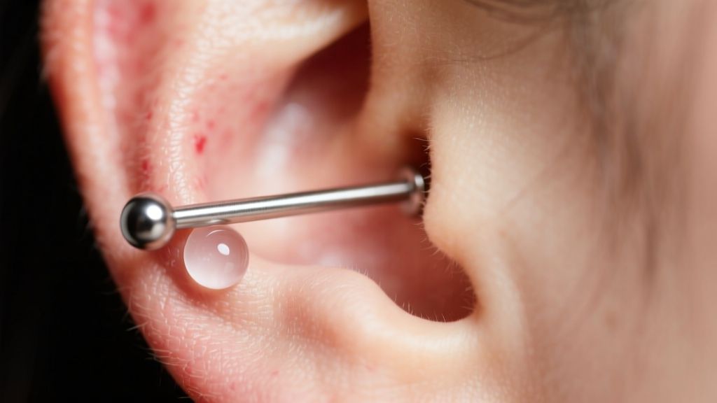 Close-up of a freshly pierced earlobe with a minimalist 16-gauge titanium labret stud, soft studio lighting highlighting the skin