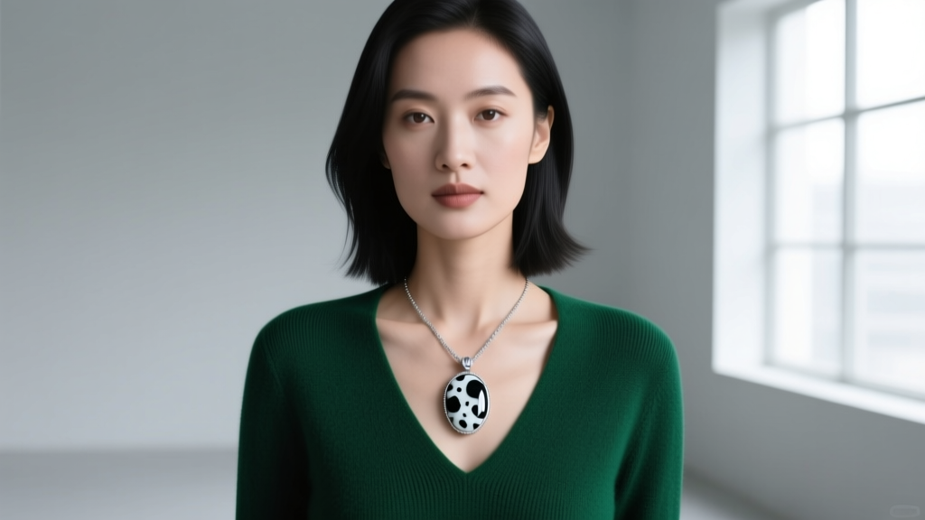 Woman wearing silver dalmatian jasper pendant over green V-neck sweater, highlighting its high-contrast speckled stone pattern