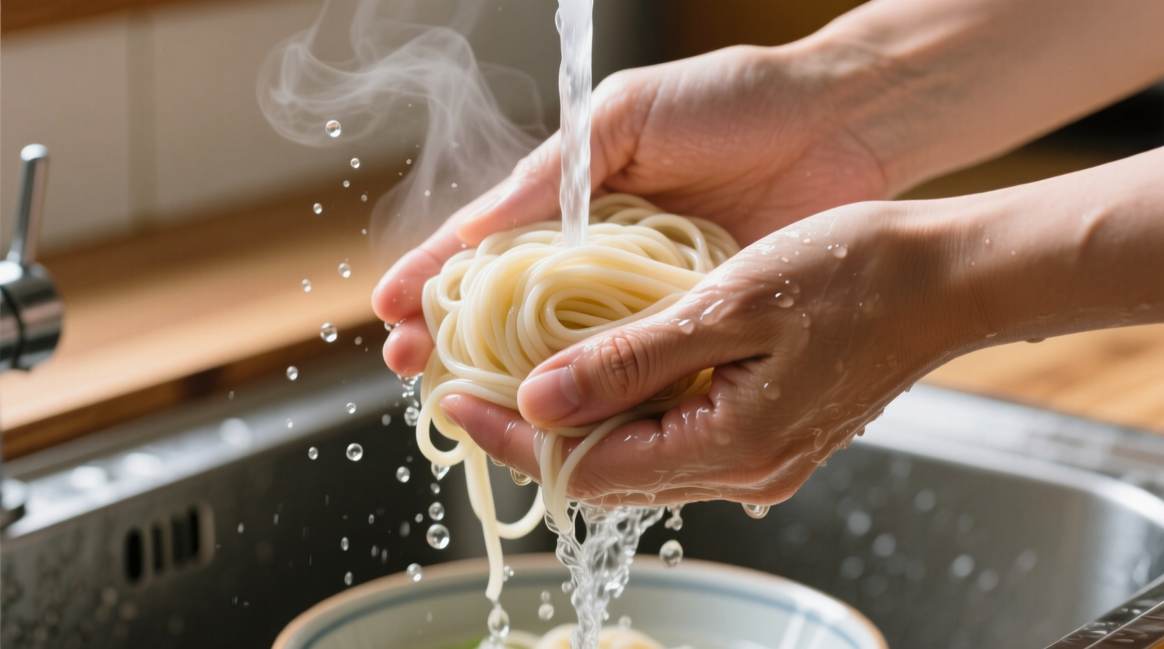 Hand rinsing soba noodles under cold water