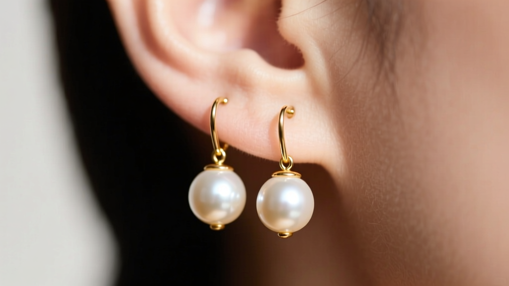 Gold ball drop earrings with 8mm pearls on a lobe, soft lighting highlighting the spherical luster and a secure friction backing.