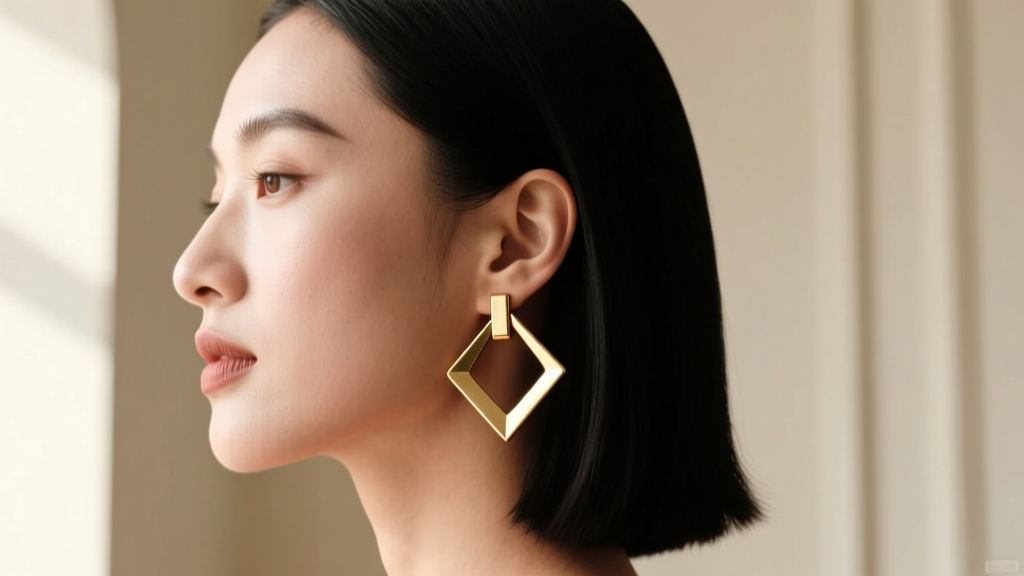 Side profile of a woman wearing mid-century geometric gold hoop earrings, highlighting the proportion against her jawline.