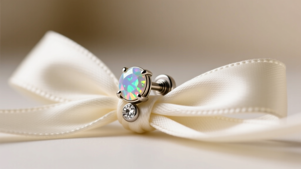 Macro shot of a 14g internally threaded titanium daith clicker with opal gems resting on a silk ribbon for holiday gifting