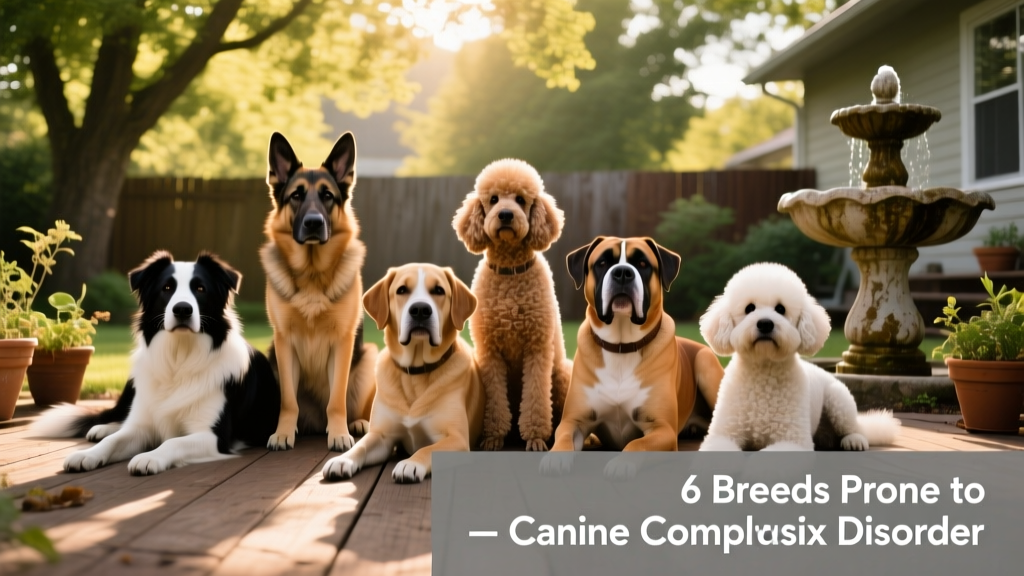 A diverse group of the six highlighted breeds relaxing together in a sunlit backyard
