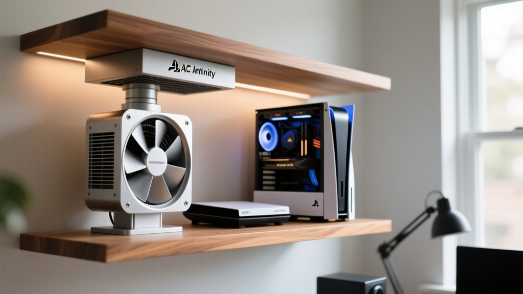 AC Infinity CLOUDPLATE T8 exhaust fan system mounted flush under a wooden display shelf cooling a PlayStation 5 and PC tower