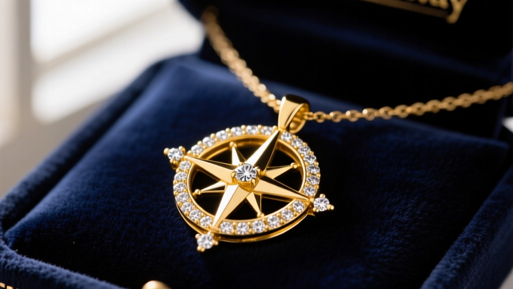 Vintage 14k yellow gold Amway diamond achievement pendant necklace on navy velvet, highlighting the intricate compass rose motif.