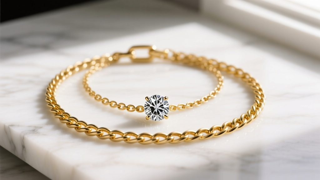 Flat lay of a 14k yellow gold vermeil rope chain layered with a moissanite solitaire pendant on white marble, soft natural light