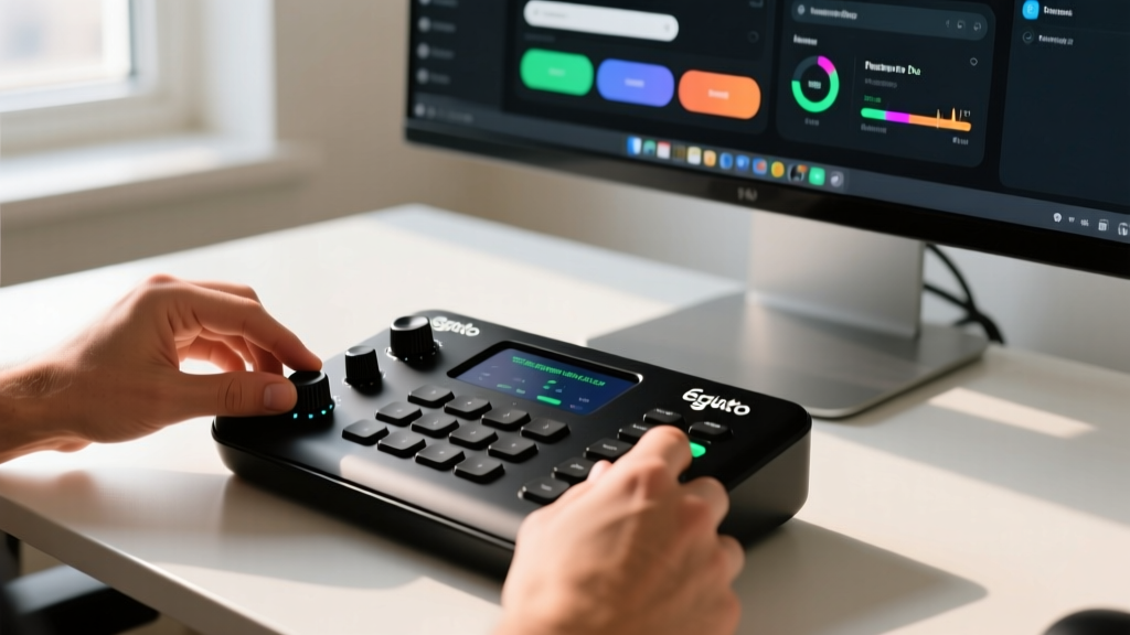 Hands configuring Elgato Stream Deck Plus haptic dials and LCD keys while viewing desktop control software on a secondary monitor