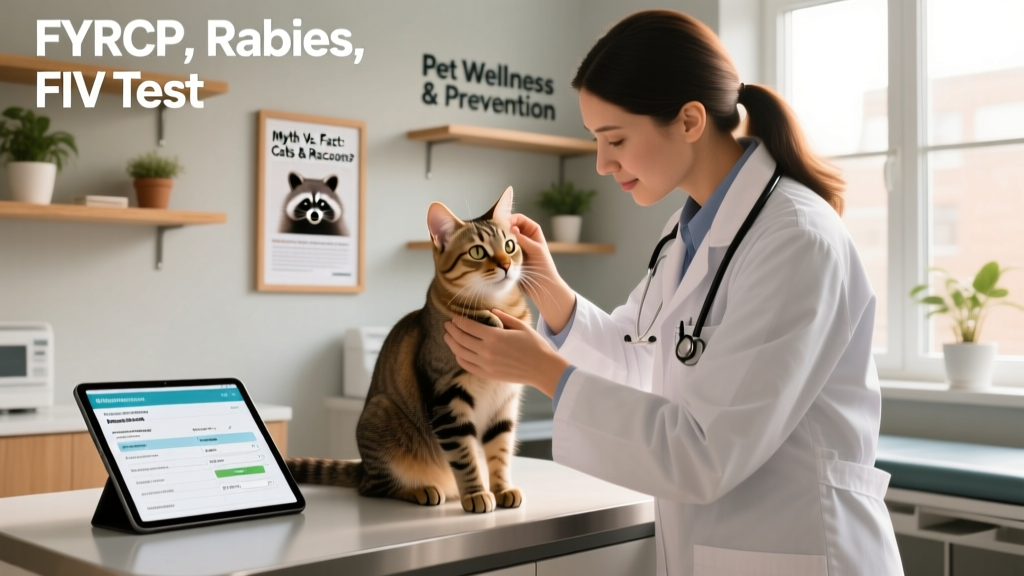 Veterinarian examining a cat during a wellness check, with vaccination records visible on a tablet