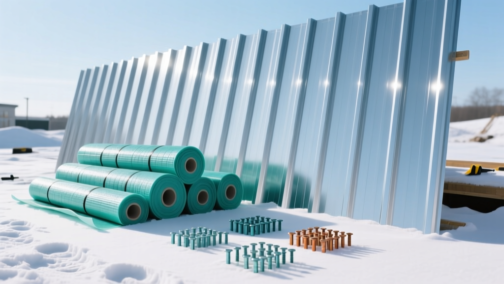 Stacked standing seam metal roofing panels, synthetic underlayment rolls, and color-matched fasteners organized on a snowy job site