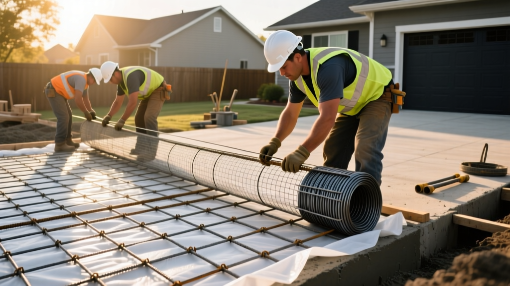 Workers tying steel rebar grids and unrolling welded wire mesh over a vapor barrier before pouring a thick concrete driveway slab