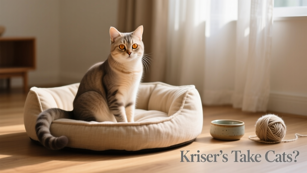 A calm, well-groomed domestic cat sitting beside a cozy cat bed