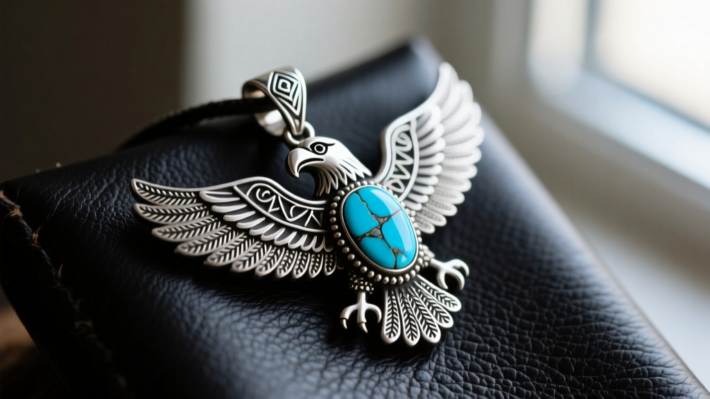 Close-up of a handcrafted Zuni turquoise eagle necklace pendant resting on dark leather, highlighting intricate silver inlay work.