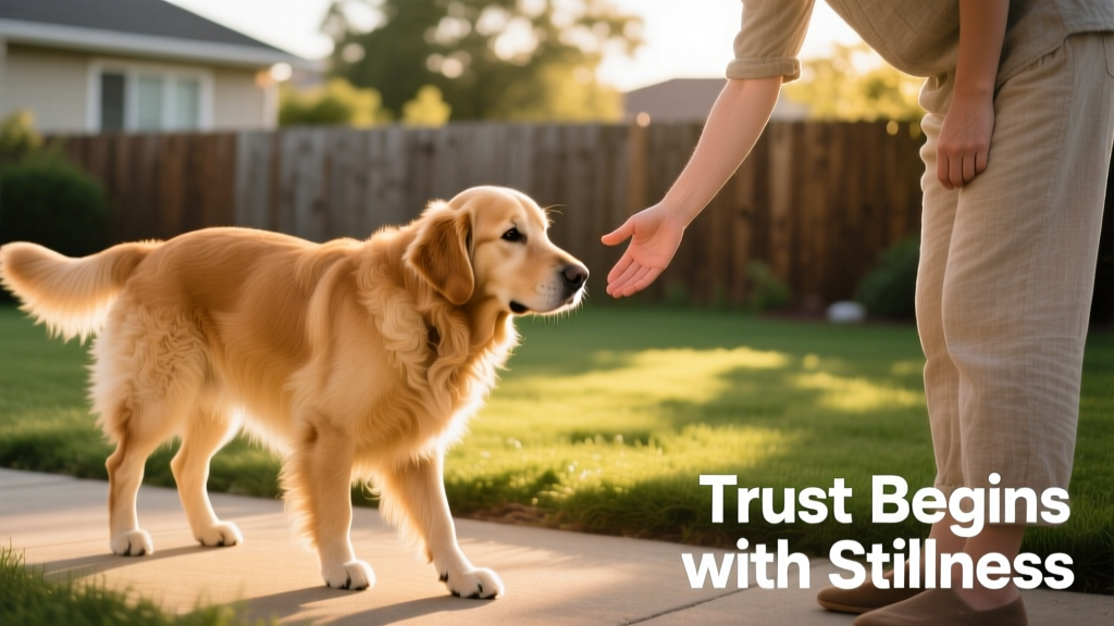 A calm, seated dog gently approaching a person’s outstretched hand held low and still, showing mutual respect and relaxed body language